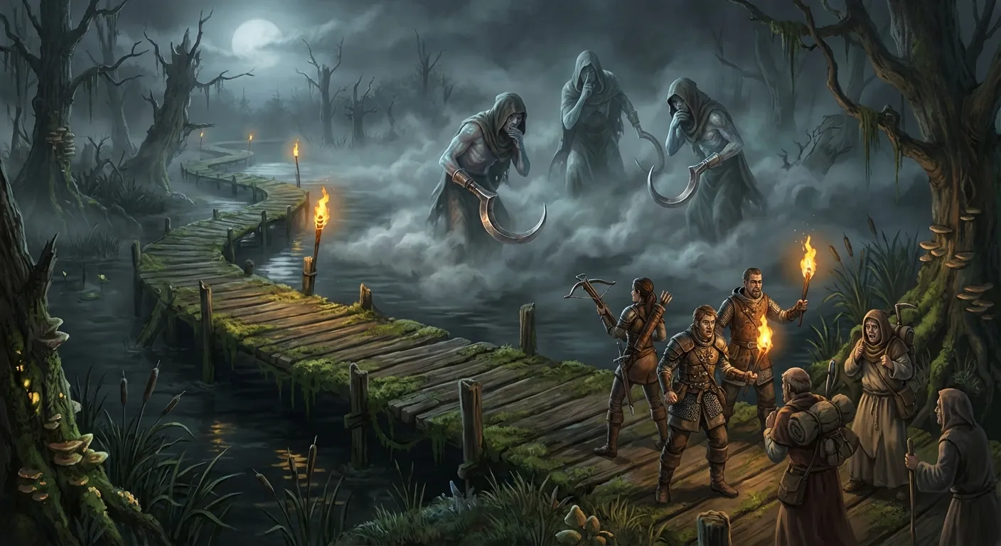Clawed figures emerging from the marsh mist
